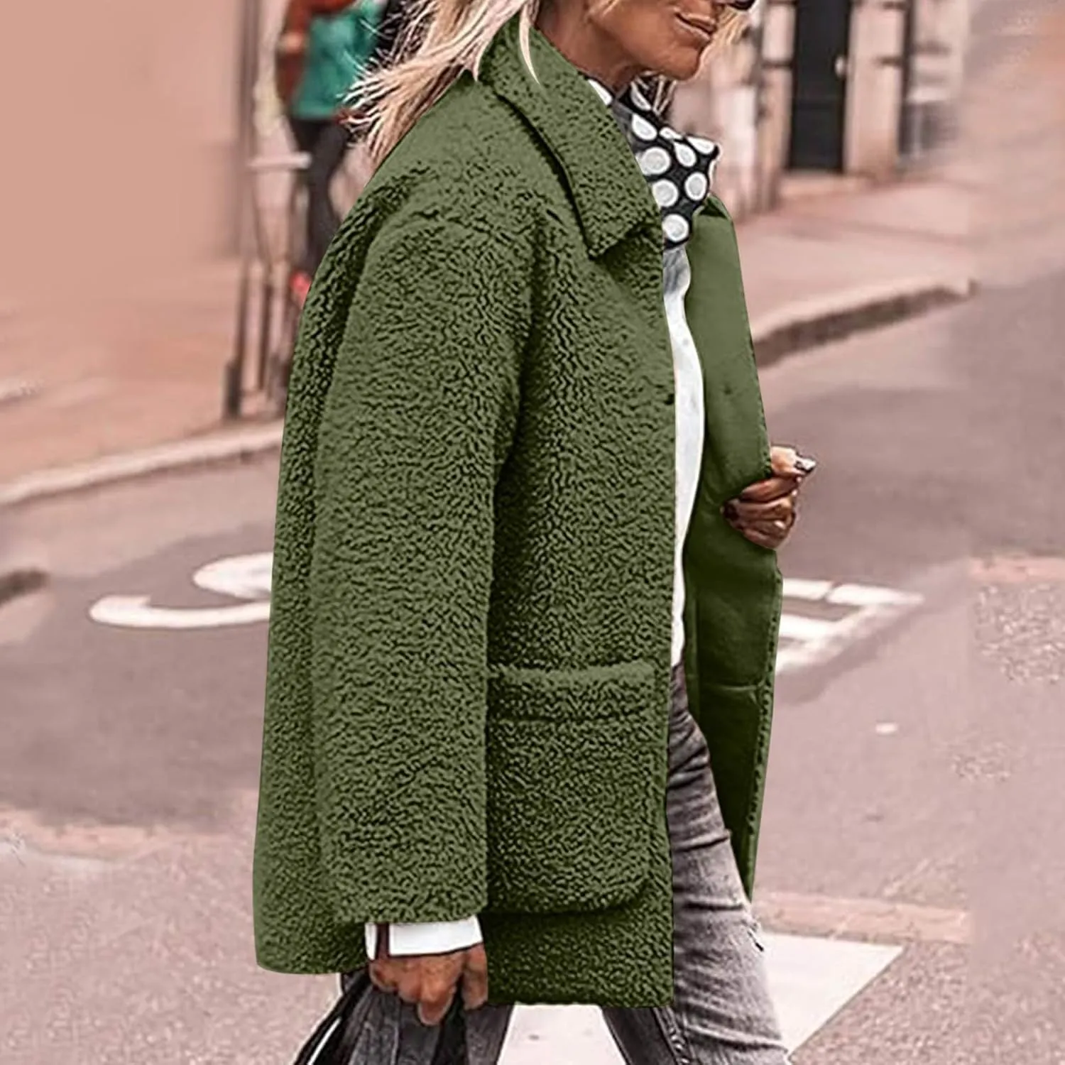 Women Plush Jacket Trendy Solid Color Fleece Winter Warm Coat Long Sleeve Lapel Casual Pockets Outerwear & Jackets