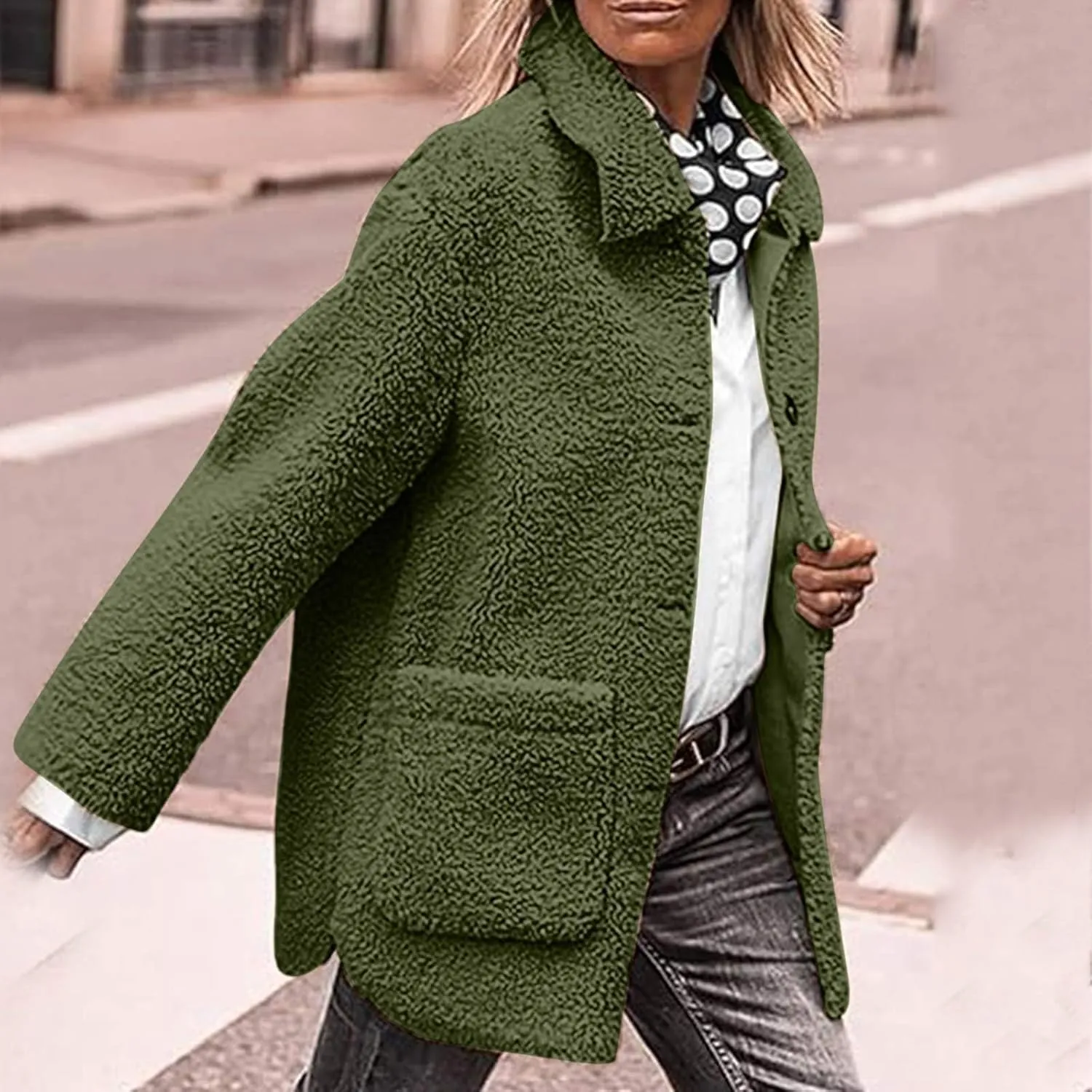 Women Plush Jacket Trendy Solid Color Fleece Winter Warm Coat Long Sleeve Lapel Casual Pockets Outerwear & Jackets