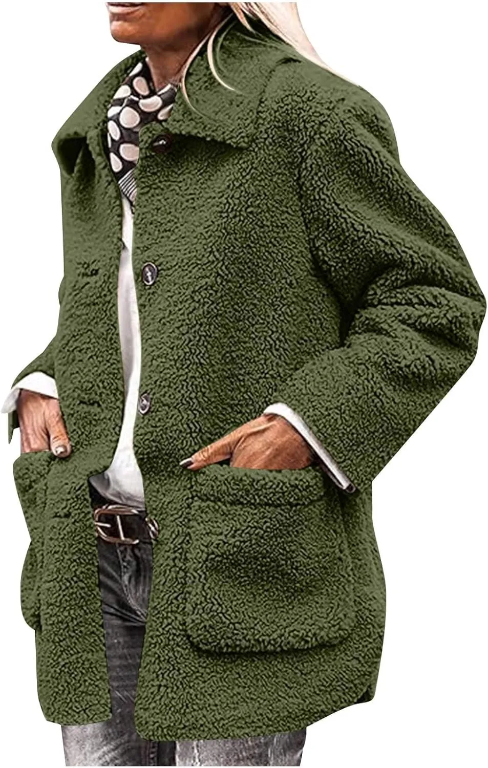 Women Plush Jacket Trendy Solid Color Fleece Winter Warm Coat Long Sleeve Lapel Casual Pockets Outerwear & Jackets
