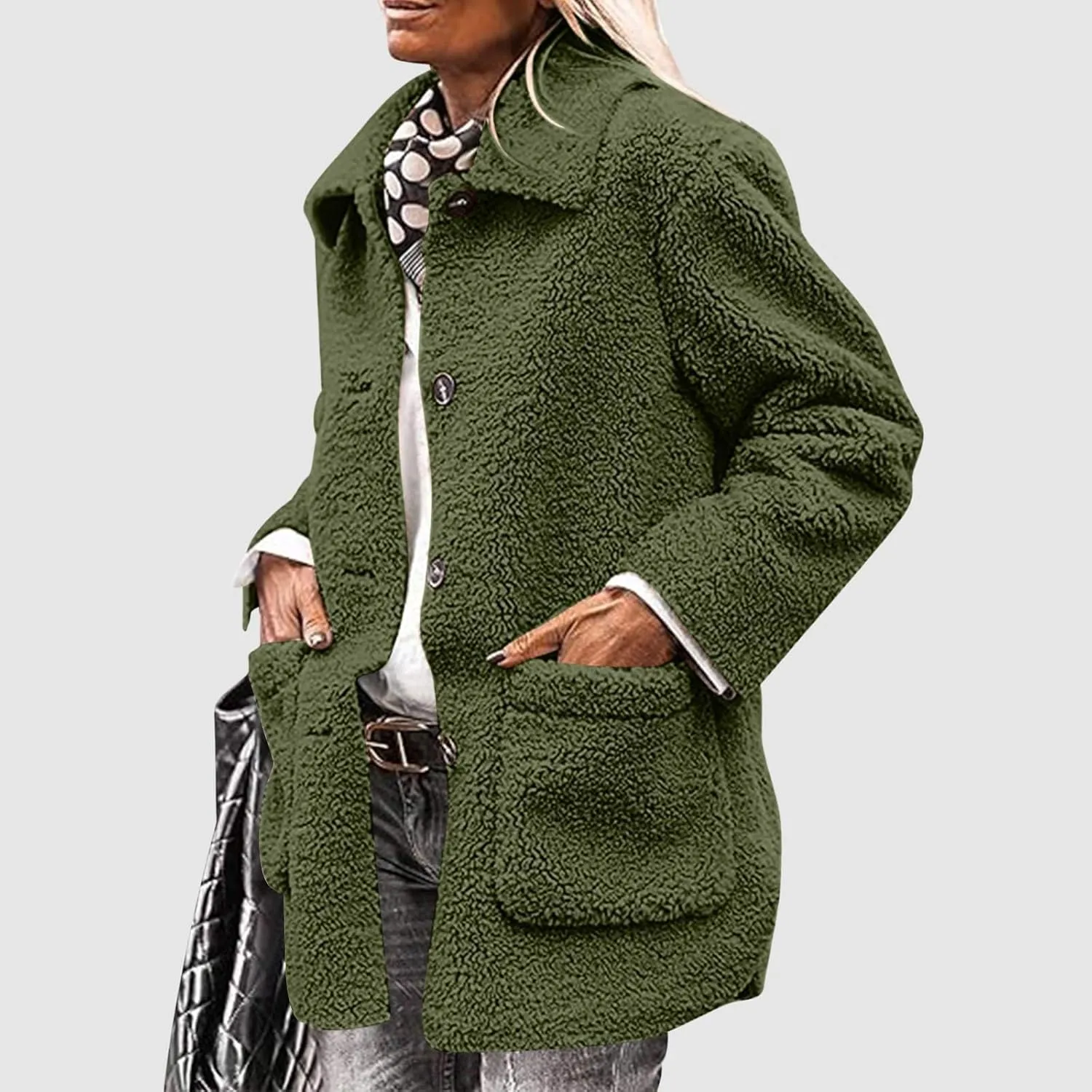 Women Plush Jacket Trendy Solid Color Fleece Winter Warm Coat Long Sleeve Lapel Casual Pockets Outerwear & Jackets