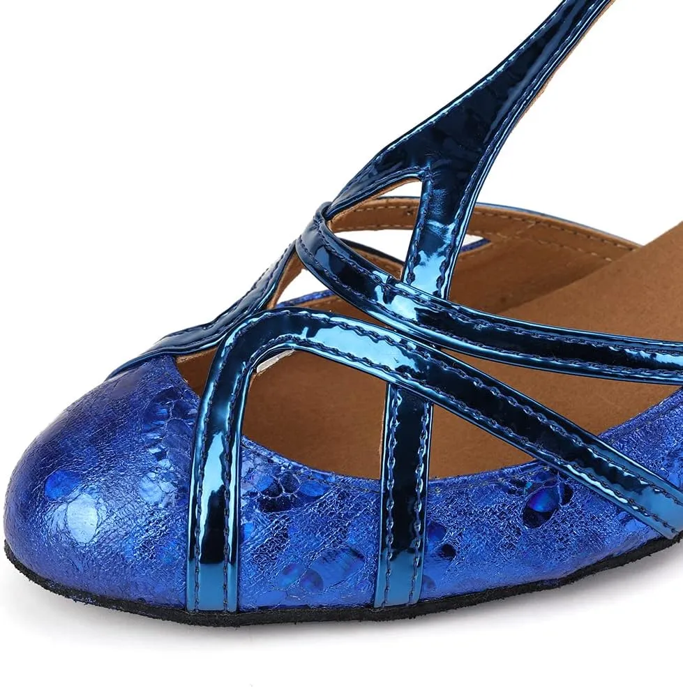 Women PU Ballroom Dancing Shoes Close Toe Latin Salsa Waltz Tango Dance Shoes with T Straps