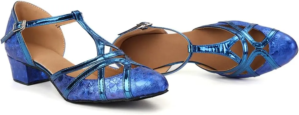 Women PU Ballroom Dancing Shoes Close Toe Latin Salsa Waltz Tango Dance Shoes with T Straps