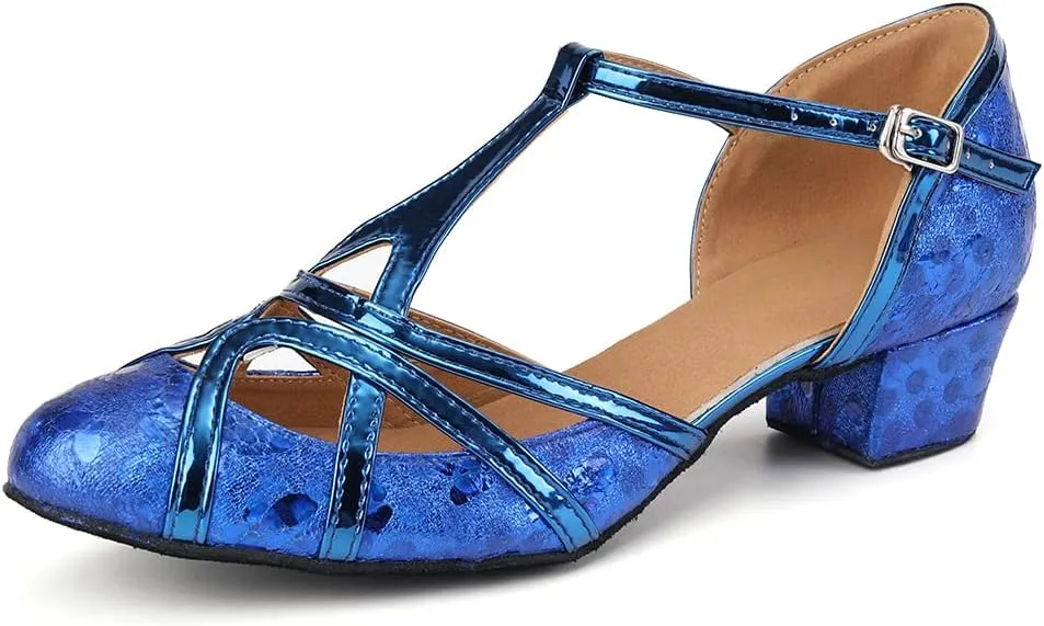 Women PU Ballroom Dancing Shoes Close Toe Latin Salsa Waltz Tango Dance Shoes with T Straps