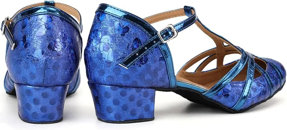 Women PU Ballroom Dancing Shoes Close Toe Latin Salsa Waltz Tango Dance Shoes with T Straps