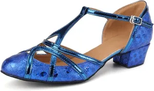 Women PU Ballroom Dancing Shoes Close Toe Latin Salsa Waltz Tango Dance Shoes with T Straps
