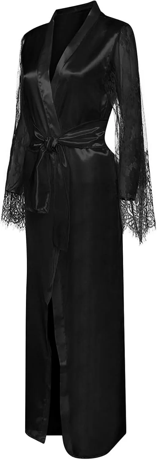 Women Satin Long Nightdress Lingeries Silk Floral Lace Long Sleepwears Sexy Long Sleeve Robe Nightgowns
