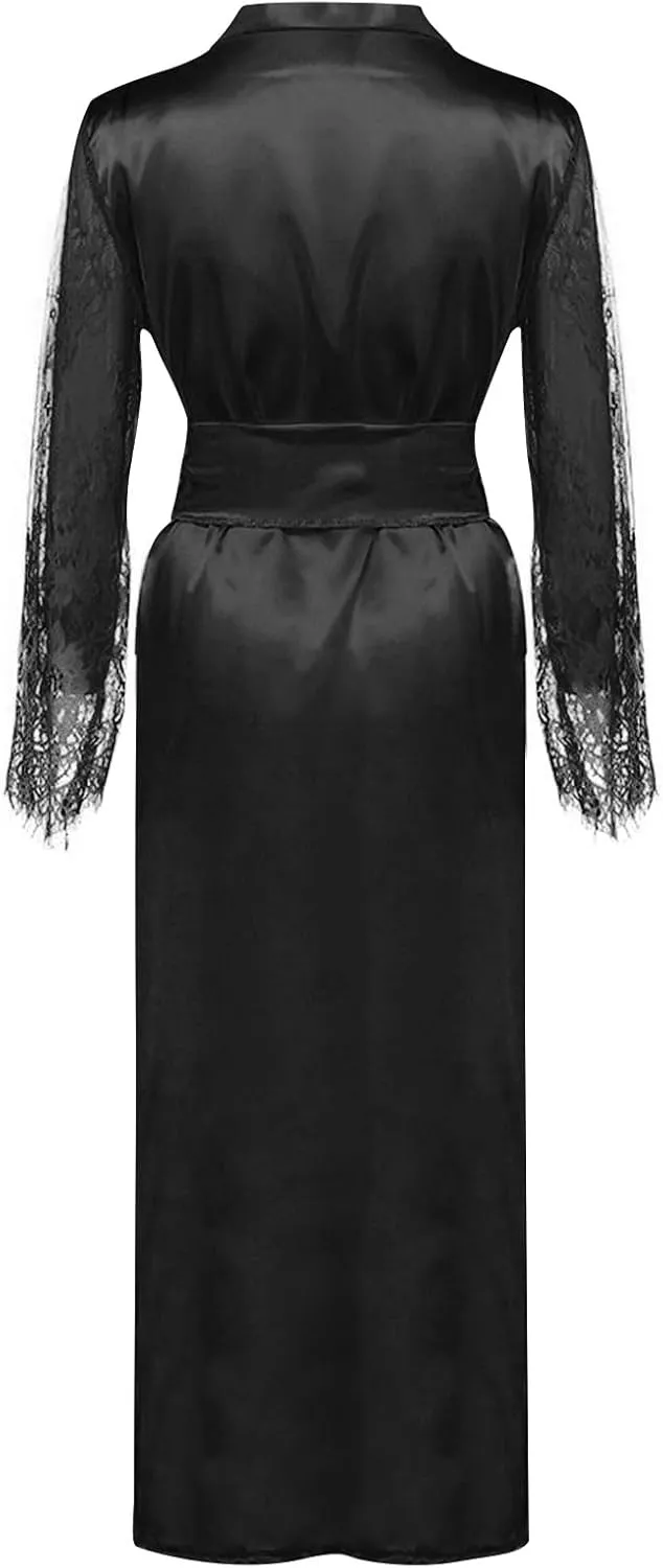 Women Satin Long Nightdress Lingeries Silk Floral Lace Long Sleepwears Sexy Long Sleeve Robe Nightgowns