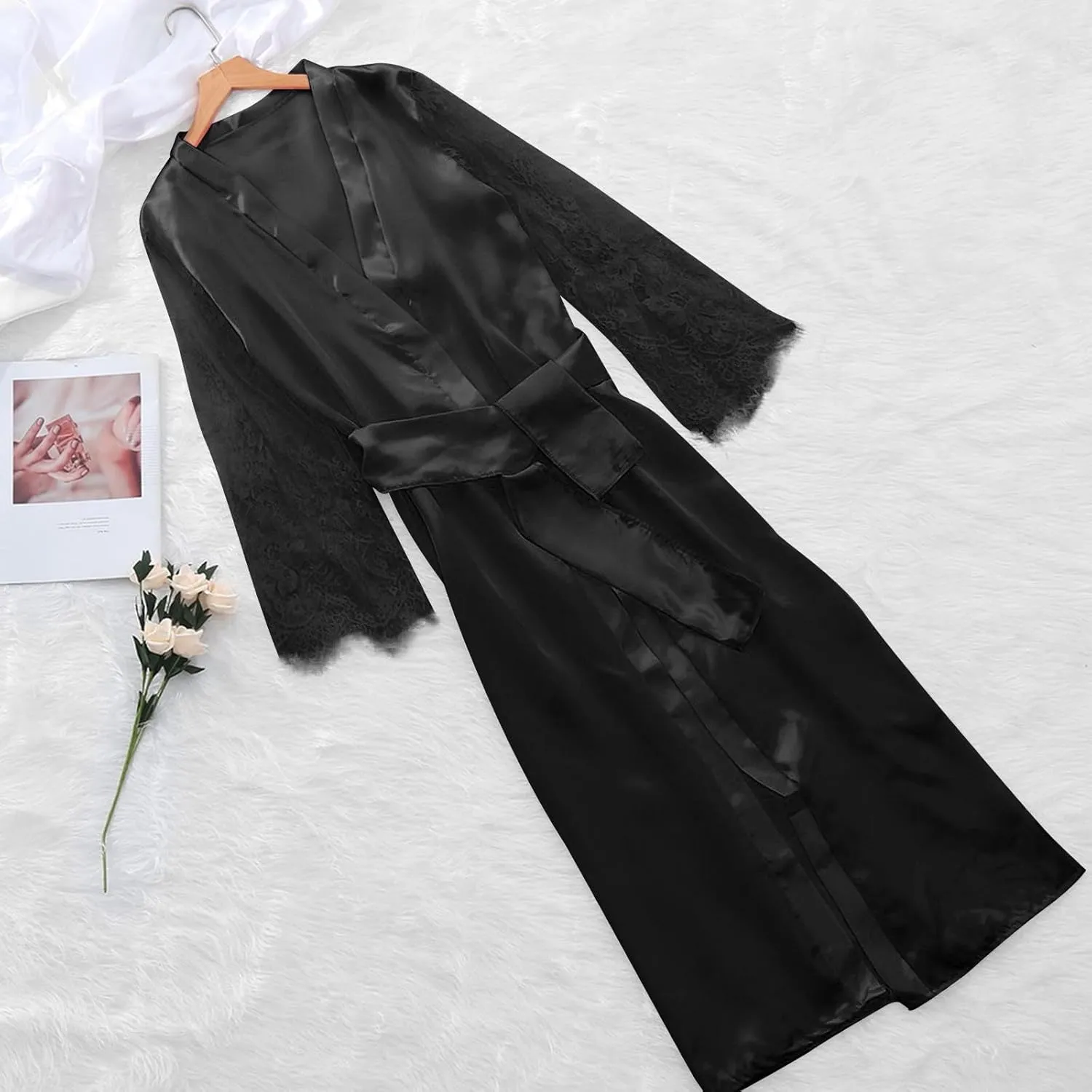 Women Satin Long Nightdress Lingeries Silk Floral Lace Long Sleepwears Sexy Long Sleeve Robe Nightgowns