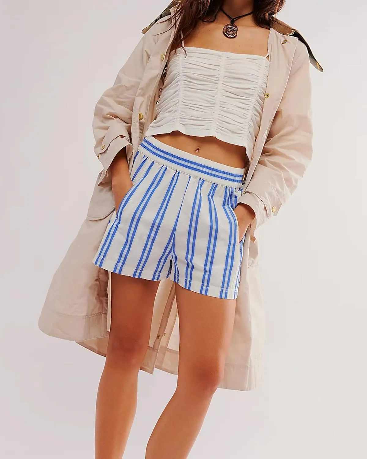 Women Striped Boxer Shorts Summer Bottoms with Pockets Y2K High Waist Lounge Shorts Pajama Shorts Boxers Sleepwear
