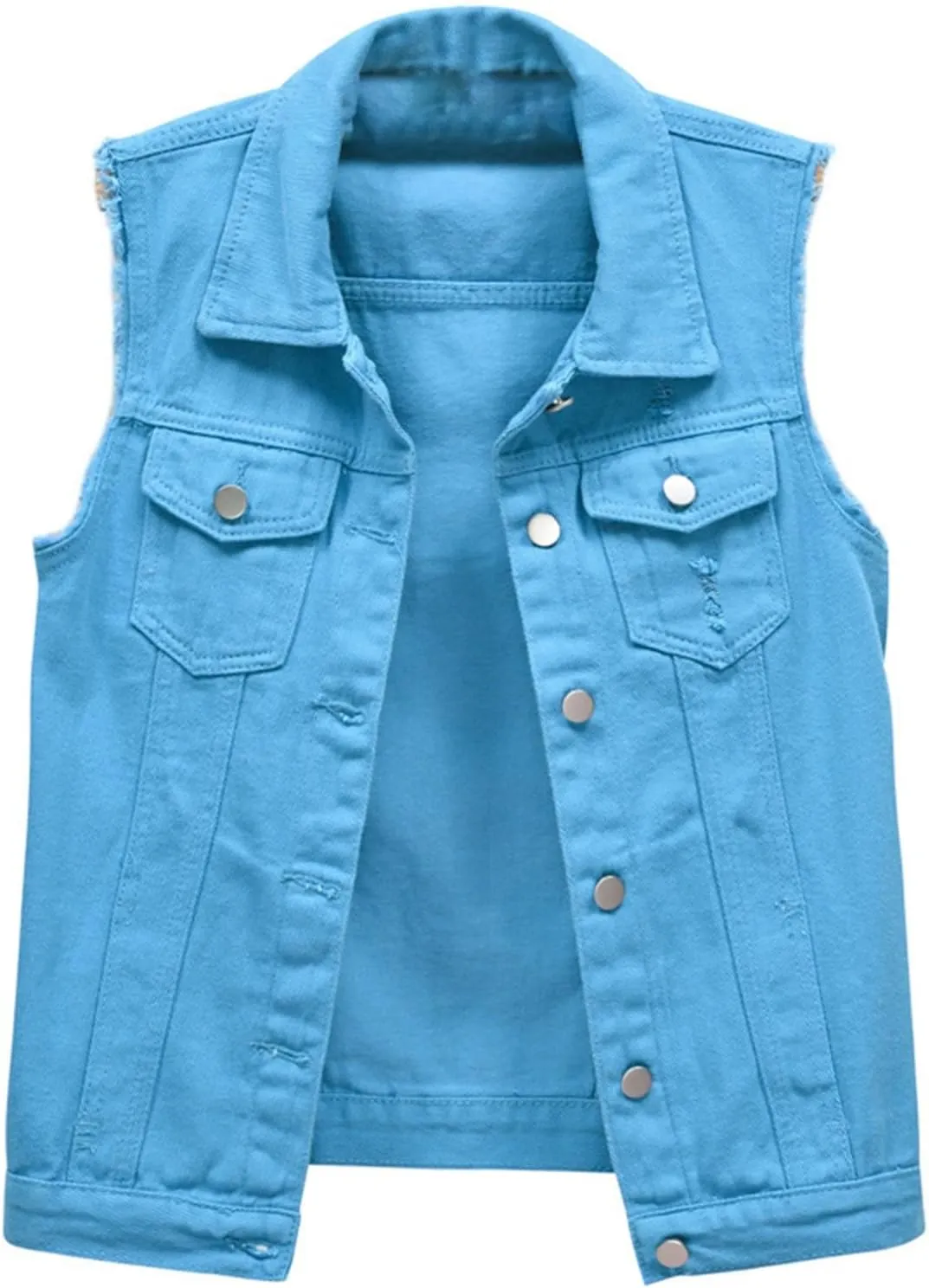 Women Summer Casual Frayed Denim Waistcoat Lapel Sleeveless Button Down Ripped Jacket Vest with Pockets