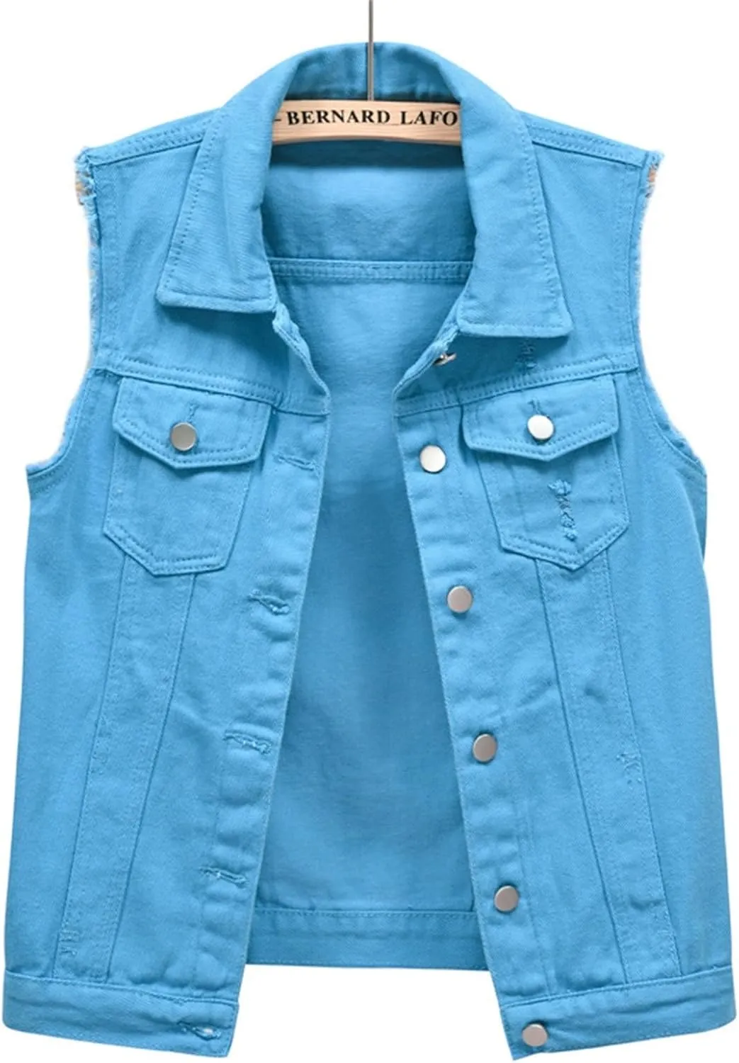 Women Summer Casual Frayed Denim Waistcoat Lapel Sleeveless Button Down Ripped Jacket Vest with Pockets