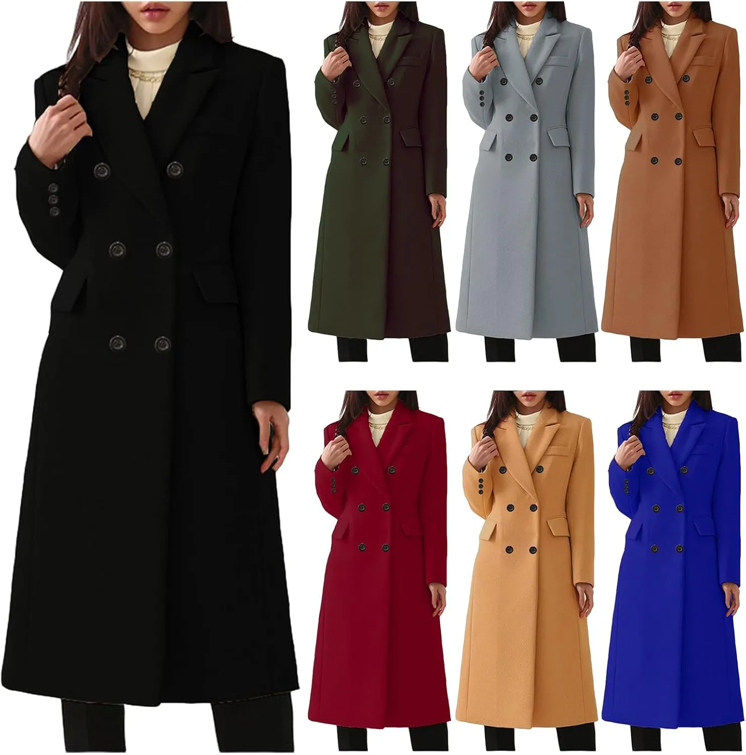 Women Wool Blend Trench Coat Classic Notched Lapel Double-Breasted Pea Coat Thick Warm Overcoat Casual Work Outwear