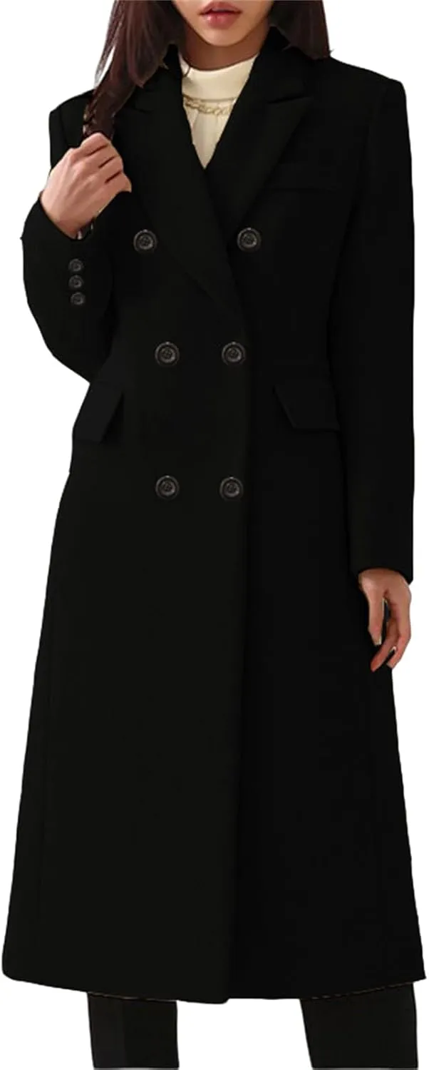 Women Wool Blend Trench Coat Classic Notched Lapel Double-Breasted Pea Coat Thick Warm Overcoat Casual Work Outwear