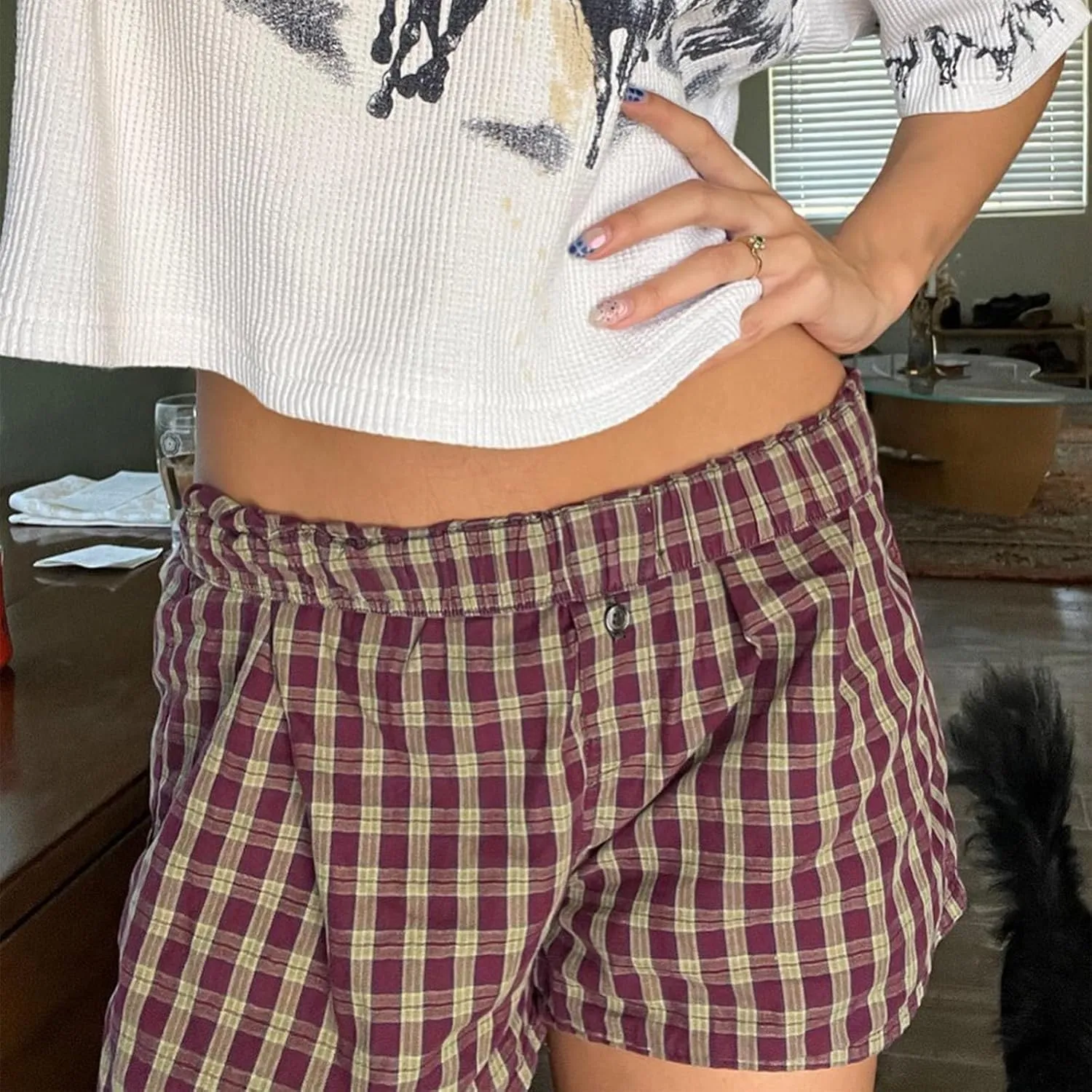 Women Y2k Lounge Shorts Plaid Pajamas Shorts Lounge Boxer Shorts High Waist Button Front Pj Bottoms Sleepwear
