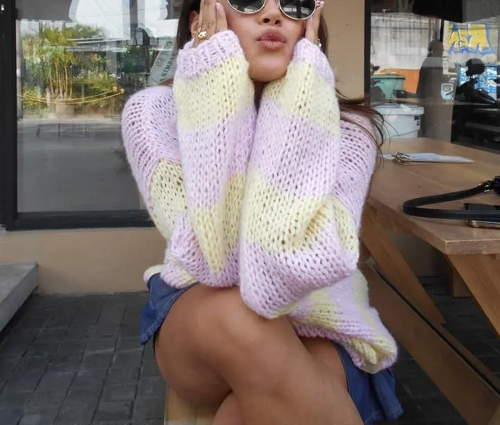 Women Y2k Striped Color Block Crochet Sweater Boat Neck Long Sleeve Oversized Knit Pullover Top Cute Sweater Jumper