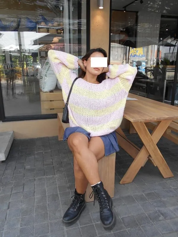 Women Y2k Striped Color Block Crochet Sweater Boat Neck Long Sleeve Oversized Knit Pullover Top Cute Sweater Jumper