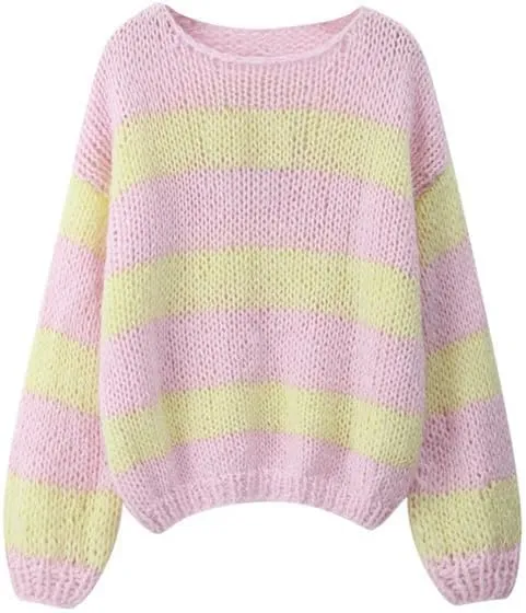 Women Y2k Striped Color Block Crochet Sweater Boat Neck Long Sleeve Oversized Knit Pullover Top Cute Sweater Jumper