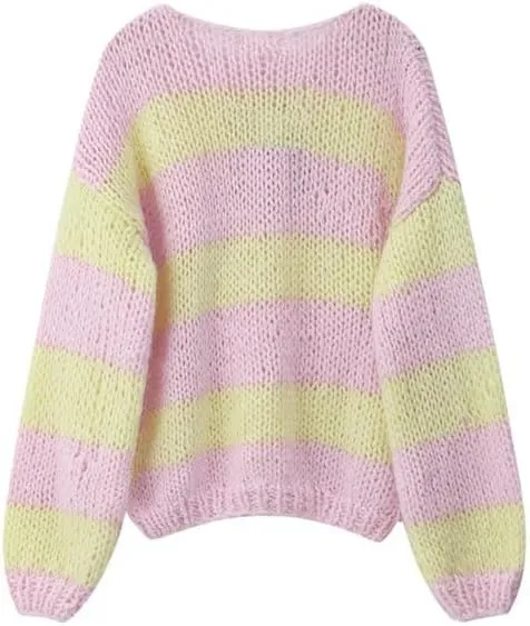 Women Y2k Striped Color Block Crochet Sweater Boat Neck Long Sleeve Oversized Knit Pullover Top Cute Sweater Jumper