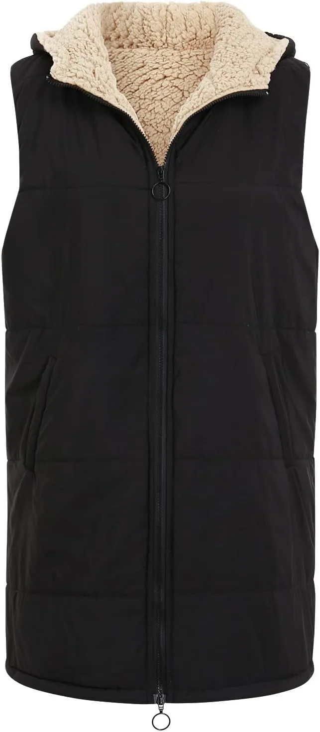 Womens 2023 Fall Reversible Puffer Vests Sleeveless Fleece Jacket Zip Up Hoodie Pockets Long Warm Winter Coat Outerwear
