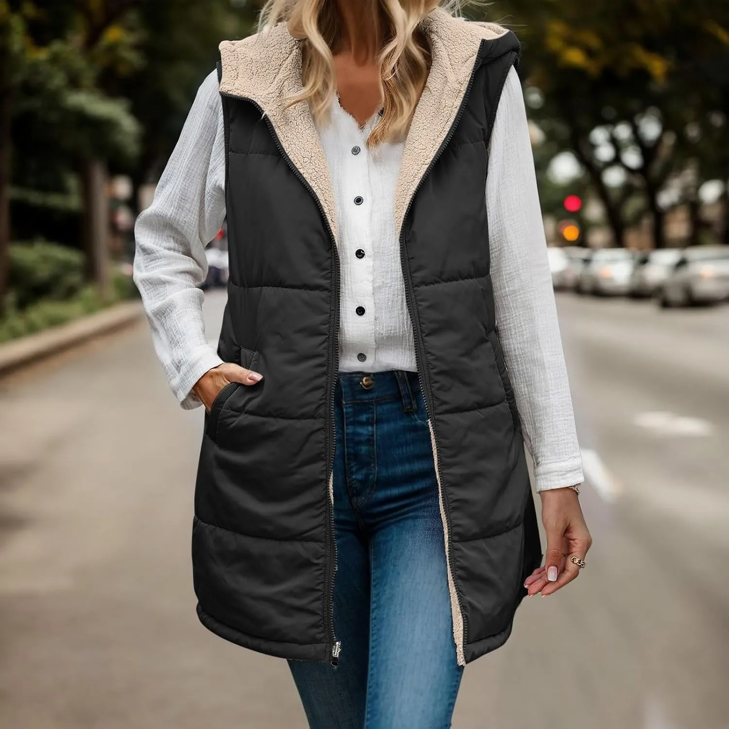 Womens 2023 Fall Reversible Puffer Vests Sleeveless Fleece Jacket Zip Up Hoodie Pockets Long Warm Winter Coat Outerwear
