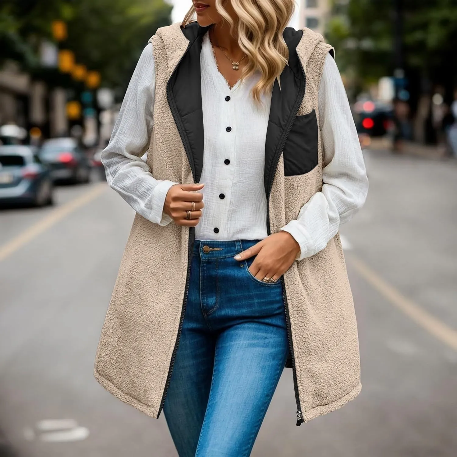 Womens 2023 Fall Reversible Puffer Vests Sleeveless Fleece Jacket Zip Up Hoodie Pockets Long Warm Winter Coat Outerwear