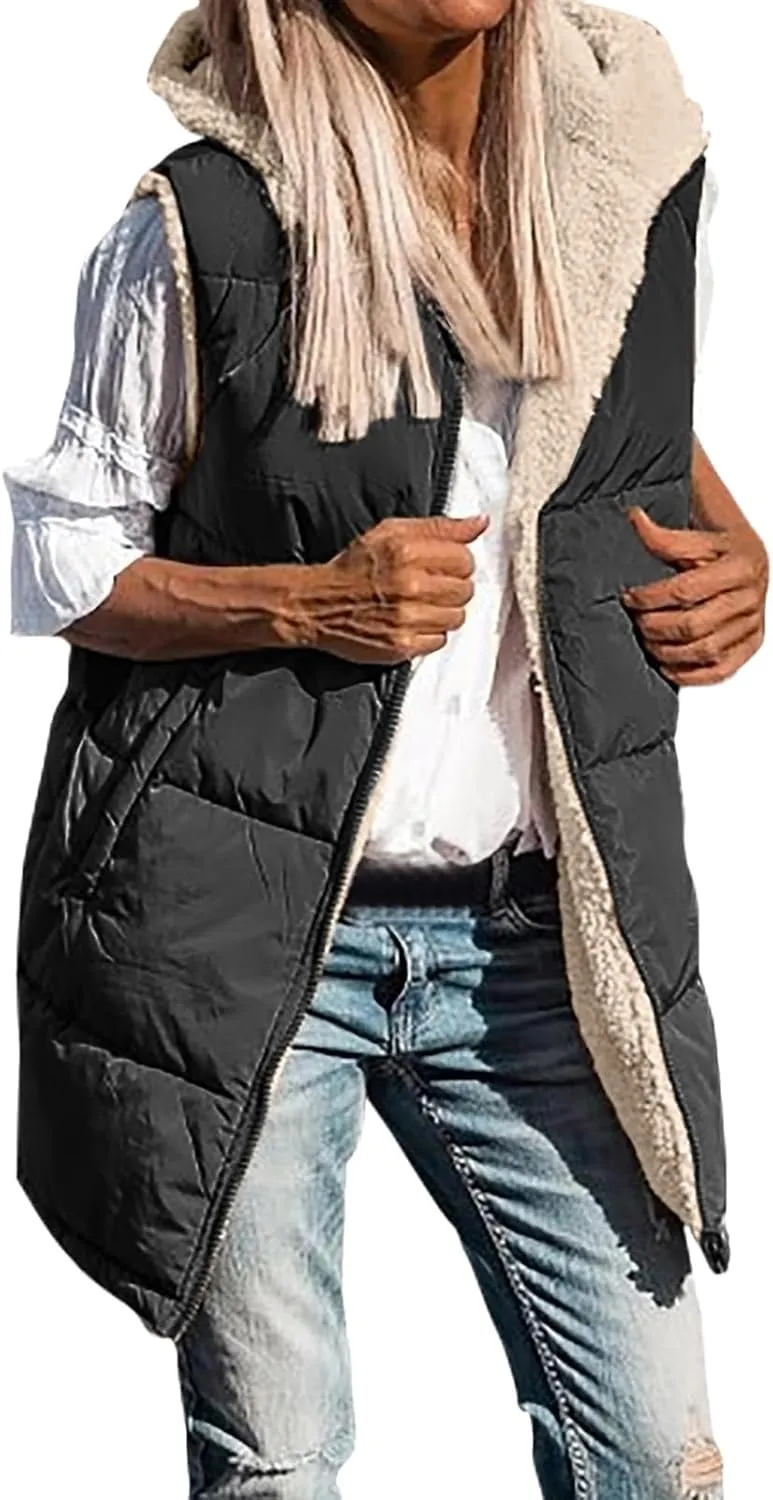 Womens 2023 Fall Reversible Puffer Vests Sleeveless Fleece Jacket Zip Up Hoodie Pockets Long Warm Winter Coat Outerwear