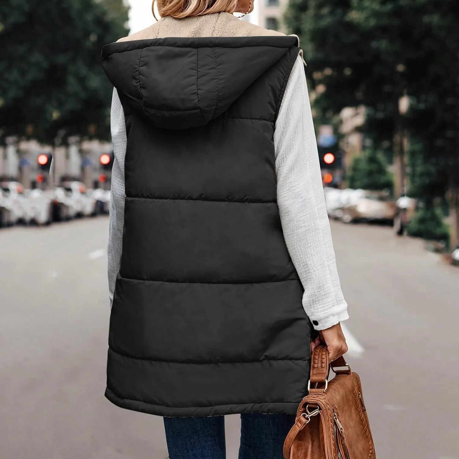 Womens 2023 Fall Reversible Puffer Vests Sleeveless Fleece Jacket Zip Up Hoodie Pockets Long Warm Winter Coat Outerwear