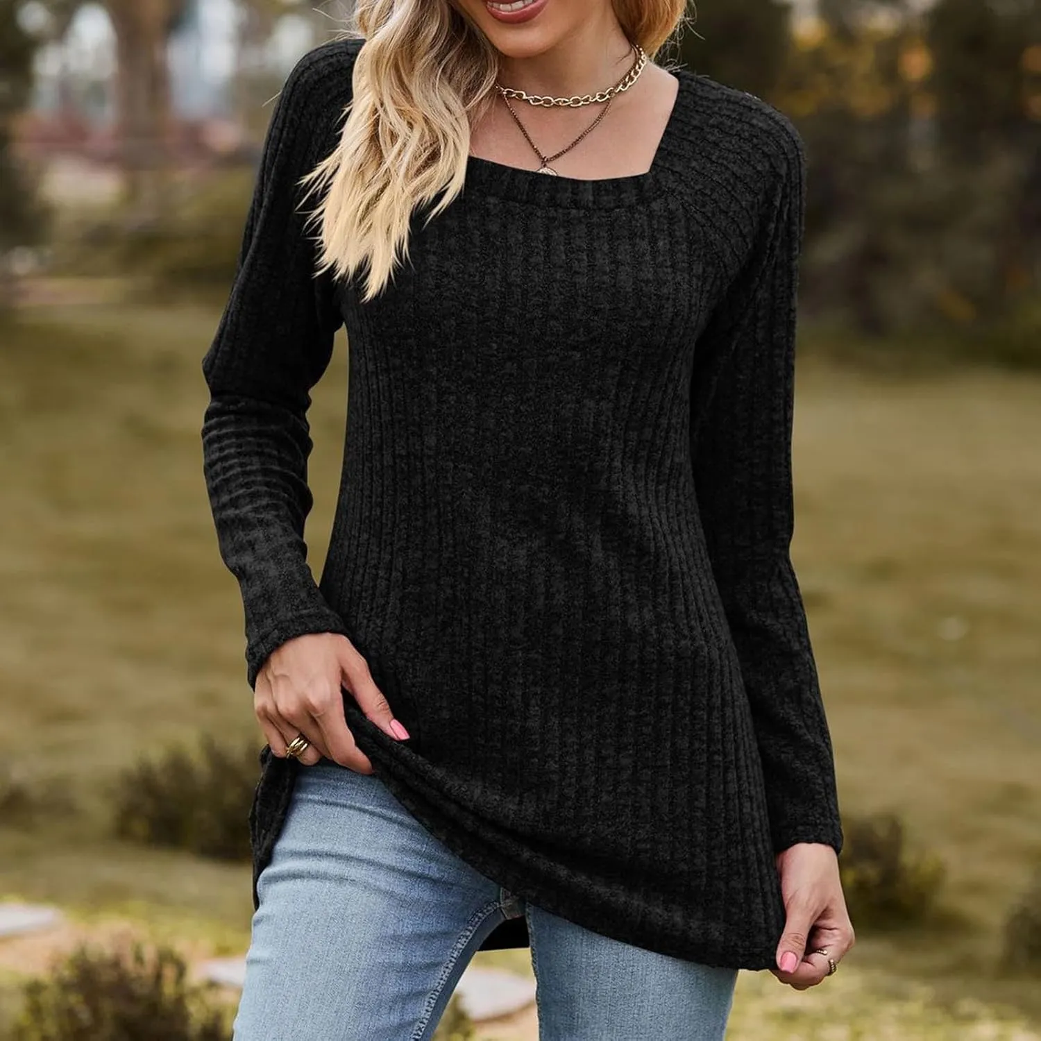 Womens Autumn Sweaters Solid Color Fashion Square Neck Long Sleeve Ribbed Knit Pullover Tops Loose Outdoor Sweatshirts