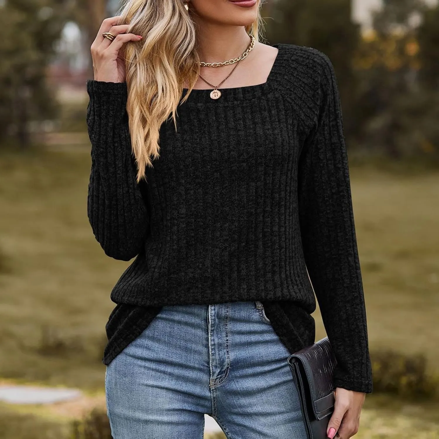 Womens Autumn Sweaters Solid Color Fashion Square Neck Long Sleeve Ribbed Knit Pullover Tops Loose Outdoor Sweatshirts