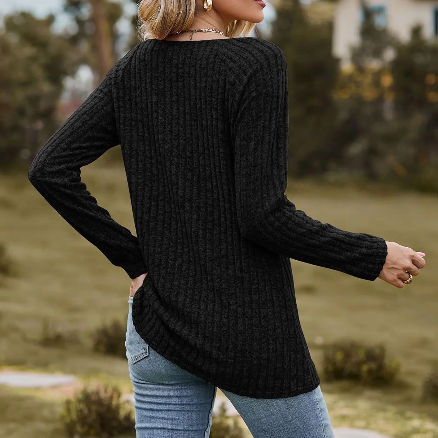 Womens Autumn Sweaters Solid Color Fashion Square Neck Long Sleeve Ribbed Knit Pullover Tops Loose Outdoor Sweatshirts