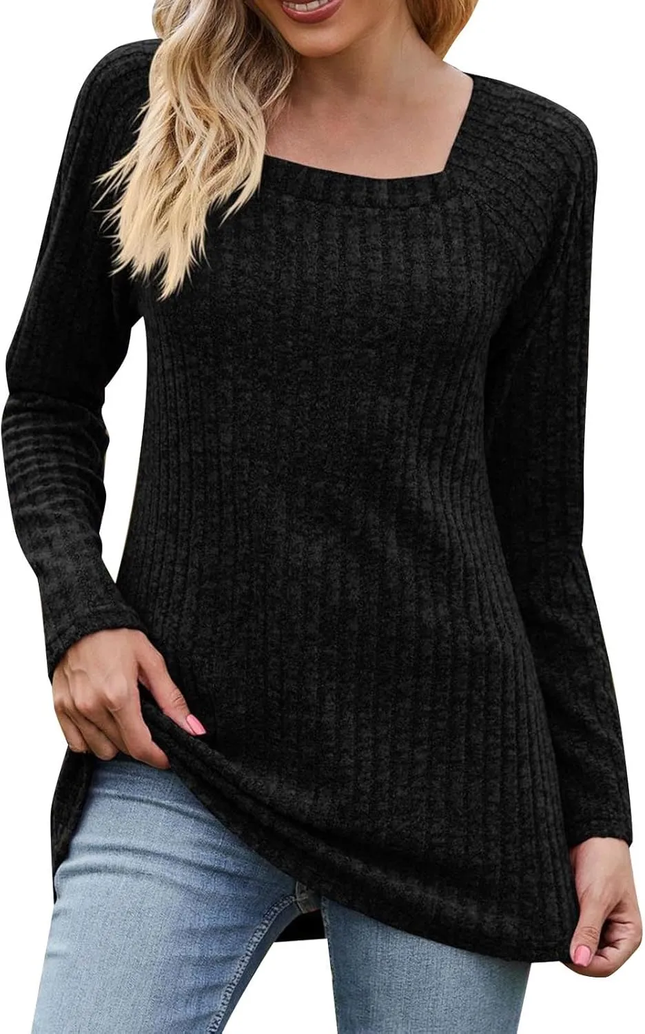 Womens Autumn Sweaters Solid Color Fashion Square Neck Long Sleeve Ribbed Knit Pullover Tops Loose Outdoor Sweatshirts