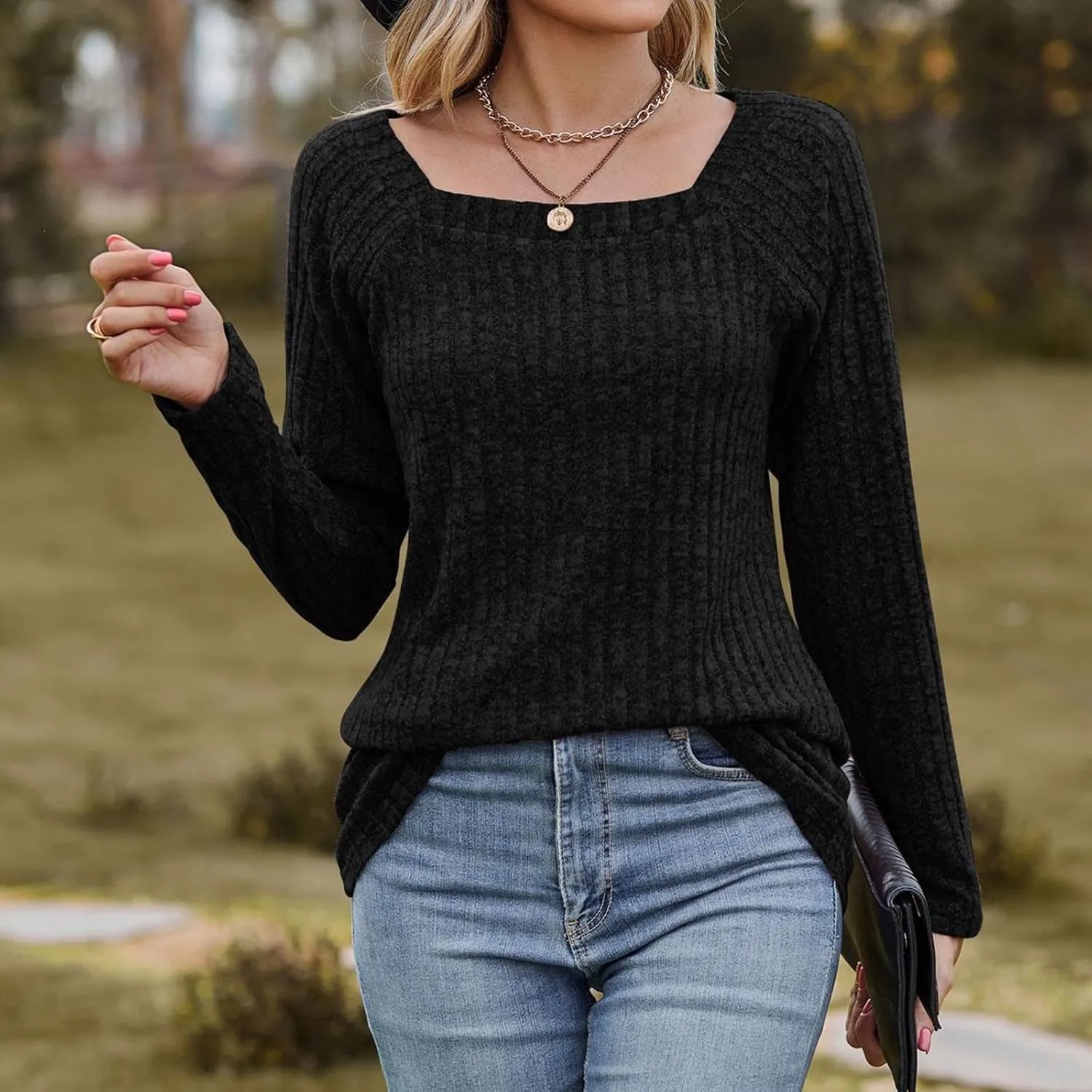 Womens Autumn Sweaters Solid Color Fashion Square Neck Long Sleeve Ribbed Knit Pullover Tops Loose Outdoor Sweatshirts