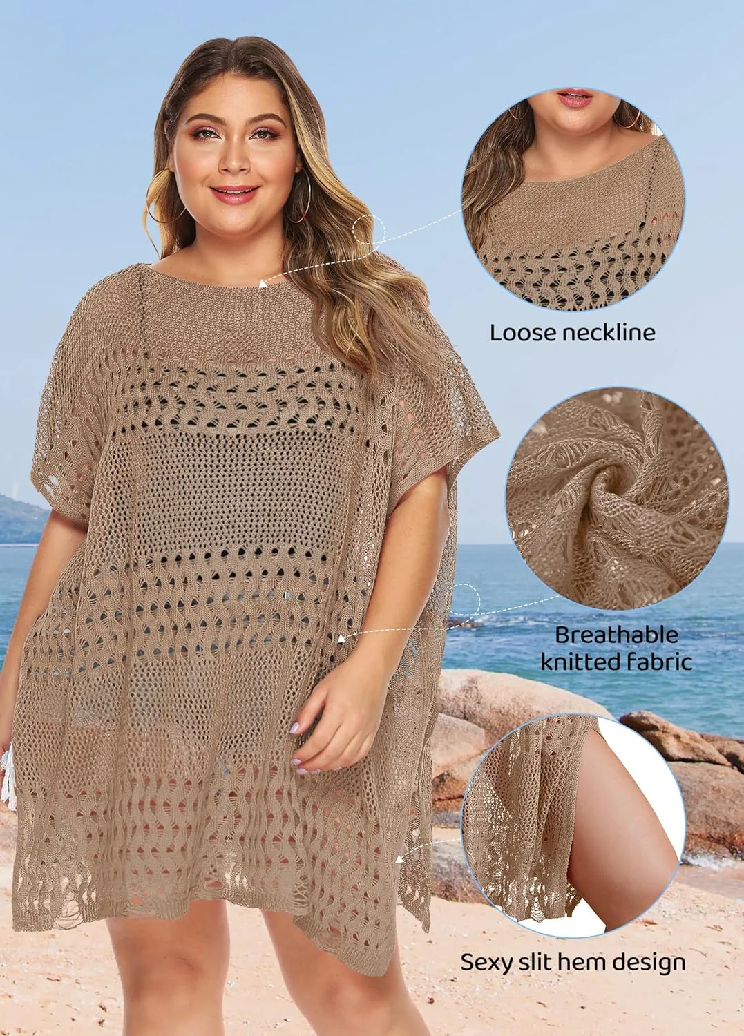 Womens Beach Cover Up Hollow Out, Plus Size Swimsuit Coverup Crochet Bathing Suit Cover ups Bikini Summer Beachwear Dress