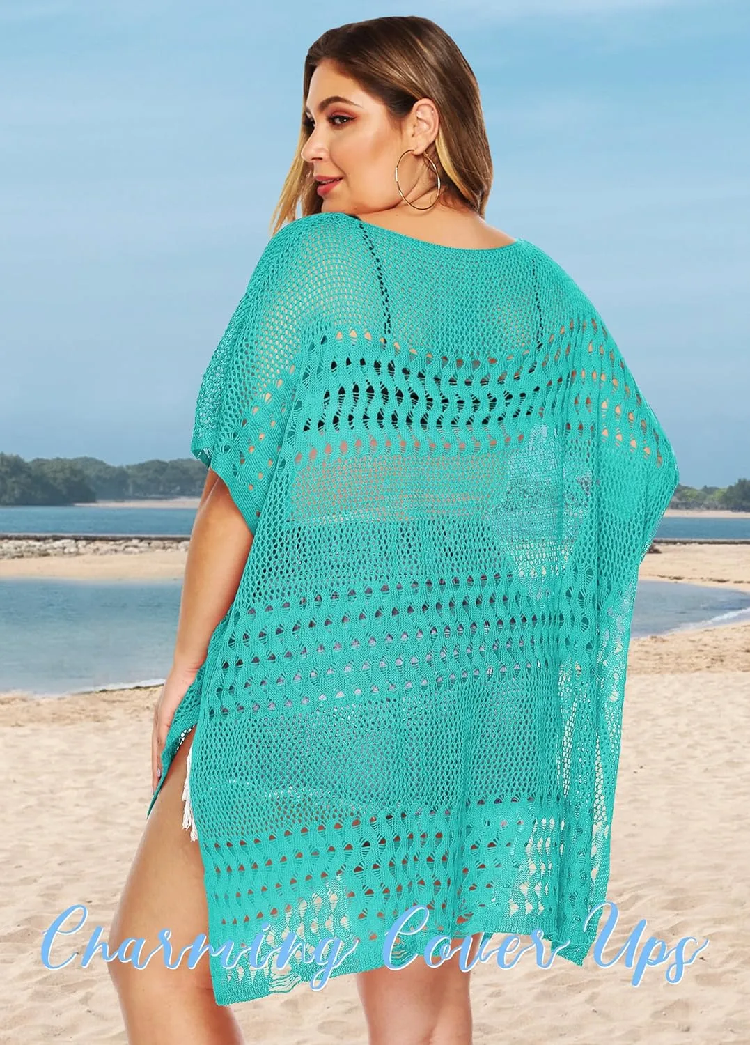 Womens Beach Cover Up Hollow Out, Plus Size Swimsuit Coverup Crochet Bathing Suit Cover ups Bikini Summer Beachwear Dress