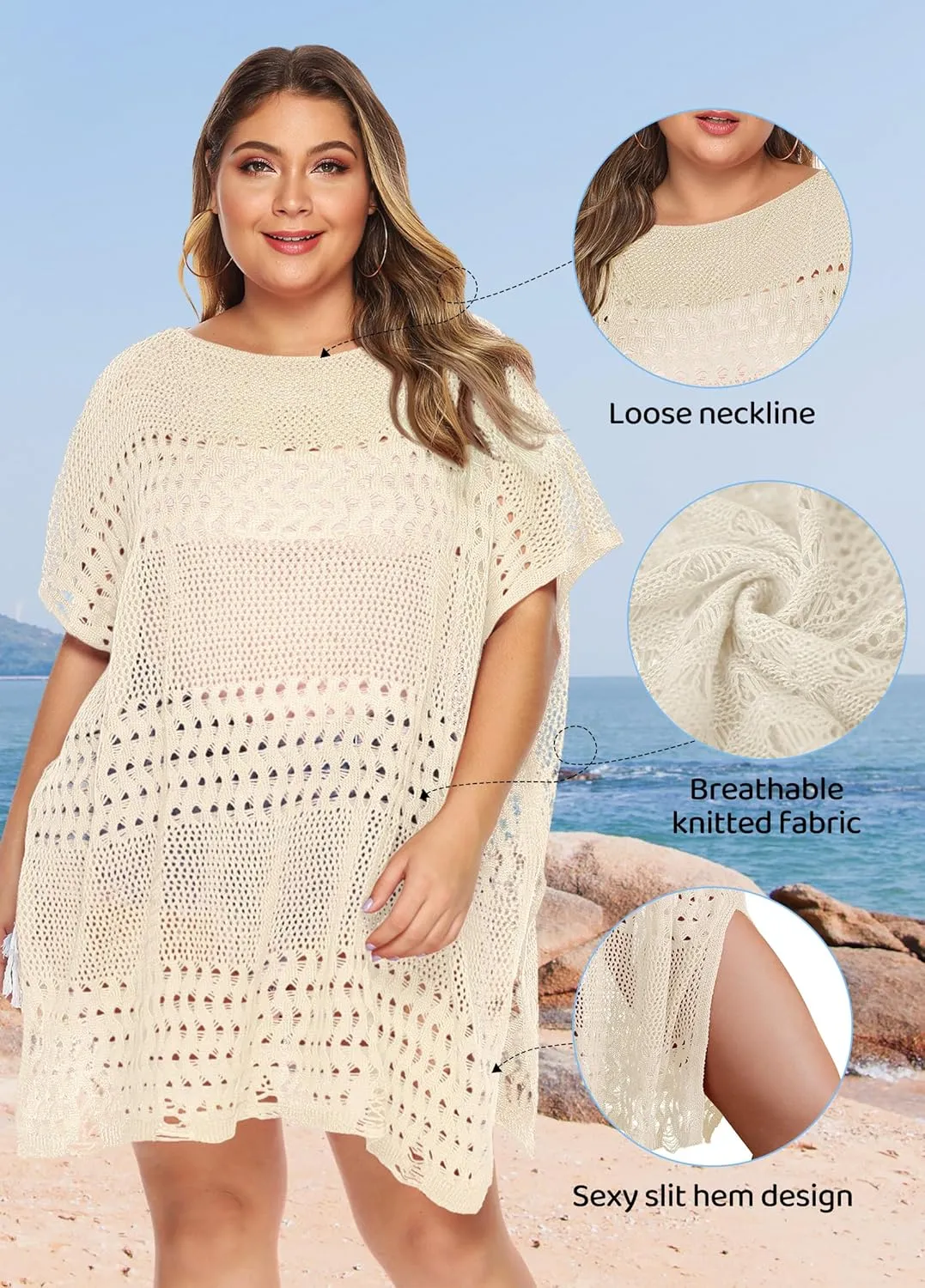 Womens Beach Cover Up Hollow Out, Plus Size Swimsuit Coverup Crochet Bathing Suit Cover ups Bikini Summer Beachwear Dress