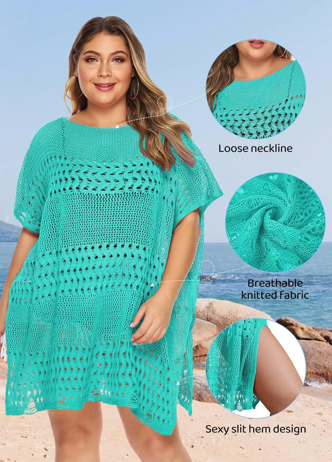 Womens Beach Cover Up Hollow Out, Plus Size Swimsuit Coverup Crochet Bathing Suit Cover ups Bikini Summer Beachwear Dress
