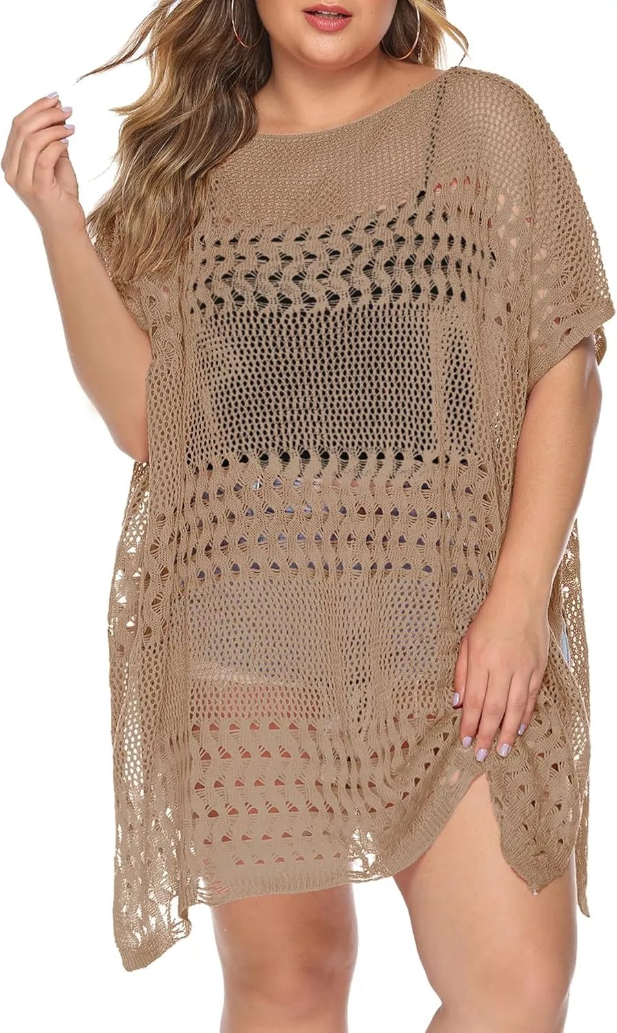 Womens Beach Cover Up Hollow Out, Plus Size Swimsuit Coverup Crochet Bathing Suit Cover ups Bikini Summer Beachwear Dress