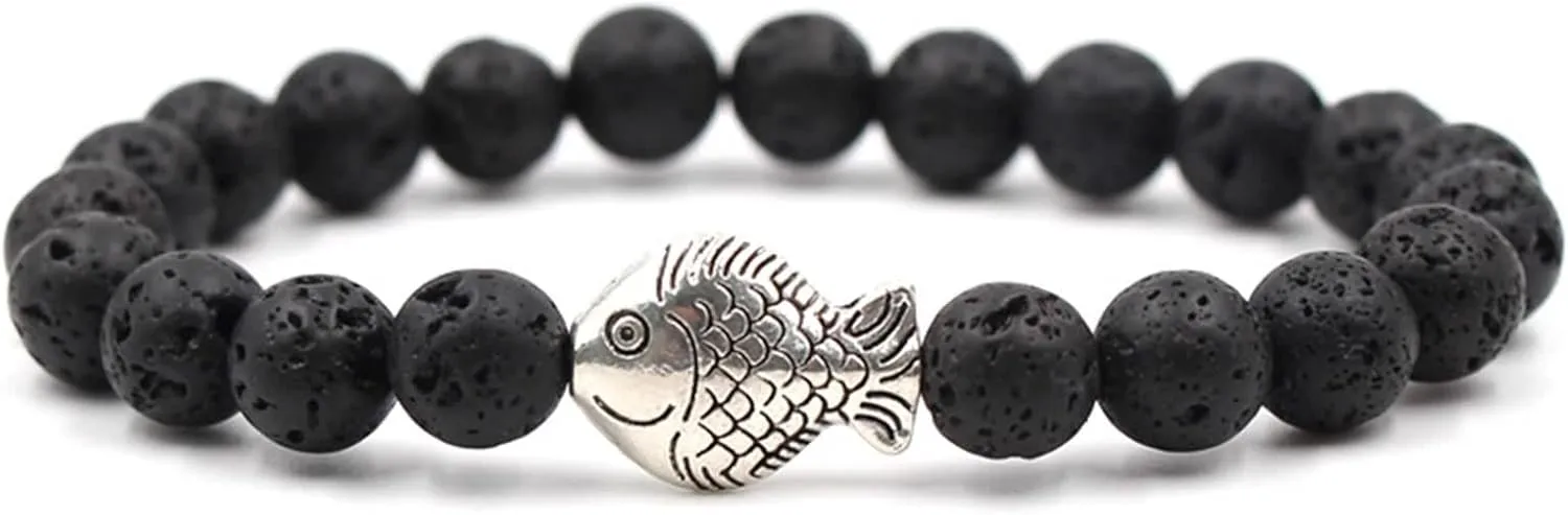Womens Beaded Bracelet, Fashion Bracelets Natural Stone Silver Fish Vintage Healing Jewelry for Mens Gifts