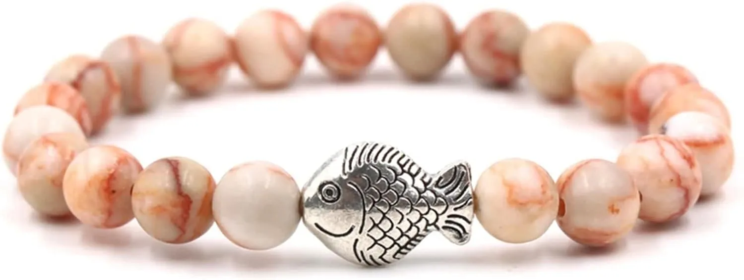 Womens Beaded Bracelet, Fashion Bracelets Natural Stone Silver Fish Vintage Healing Jewelry for Mens Gifts