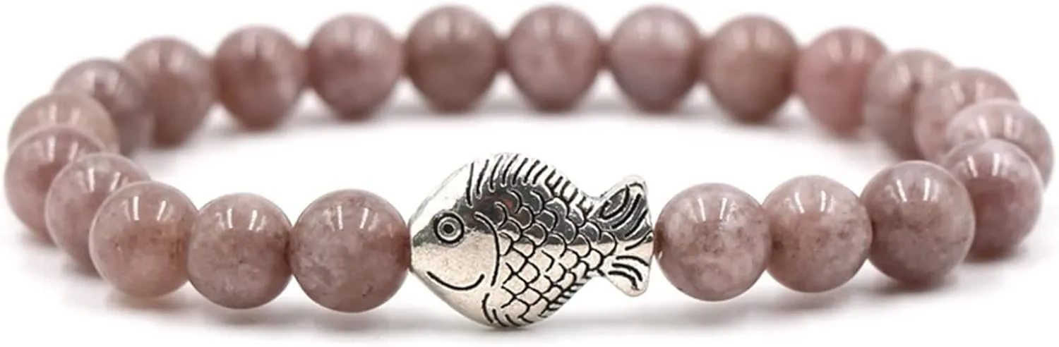 Womens Beaded Bracelet, Fashion Bracelets Natural Stone Silver Fish Vintage Healing Jewelry for Mens Gifts
