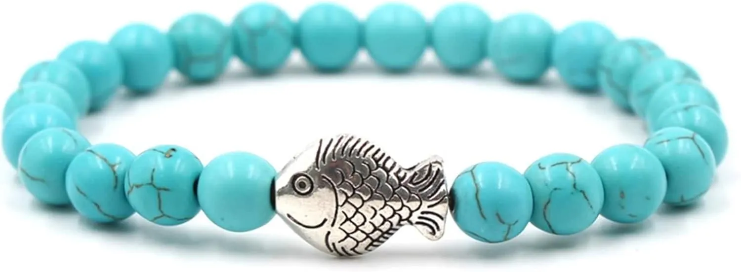 Womens Beaded Bracelet, Fashion Bracelets Natural Stone Silver Fish Vintage Healing Jewelry for Mens Gifts
