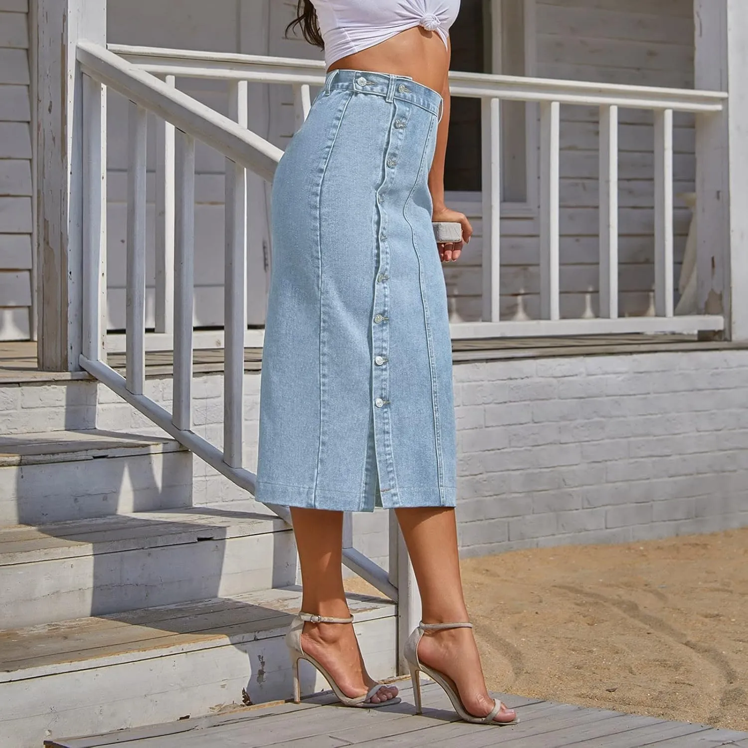 Women's Button Irregular Slit Denim Long Skirt High Waist Casual Pleated Skirts Jean Midi Skirts