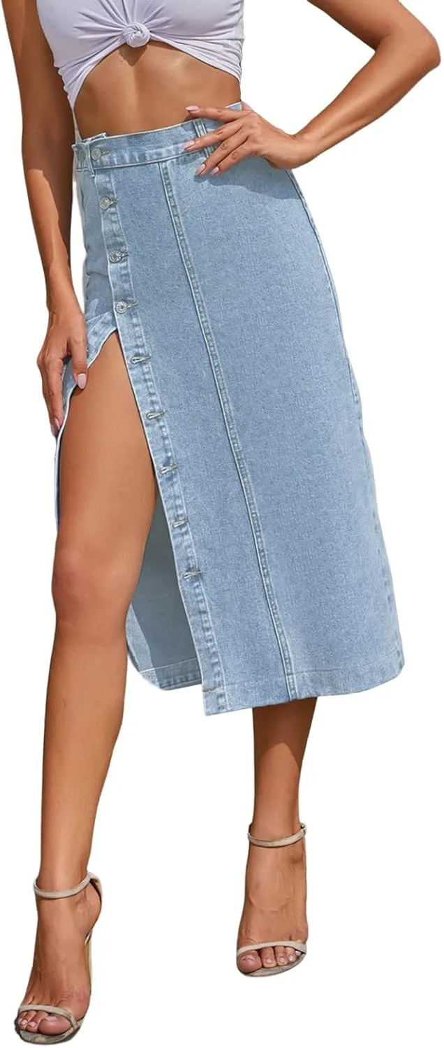 Women's Button Irregular Slit Denim Long Skirt High Waist Casual Pleated Skirts Jean Midi Skirts