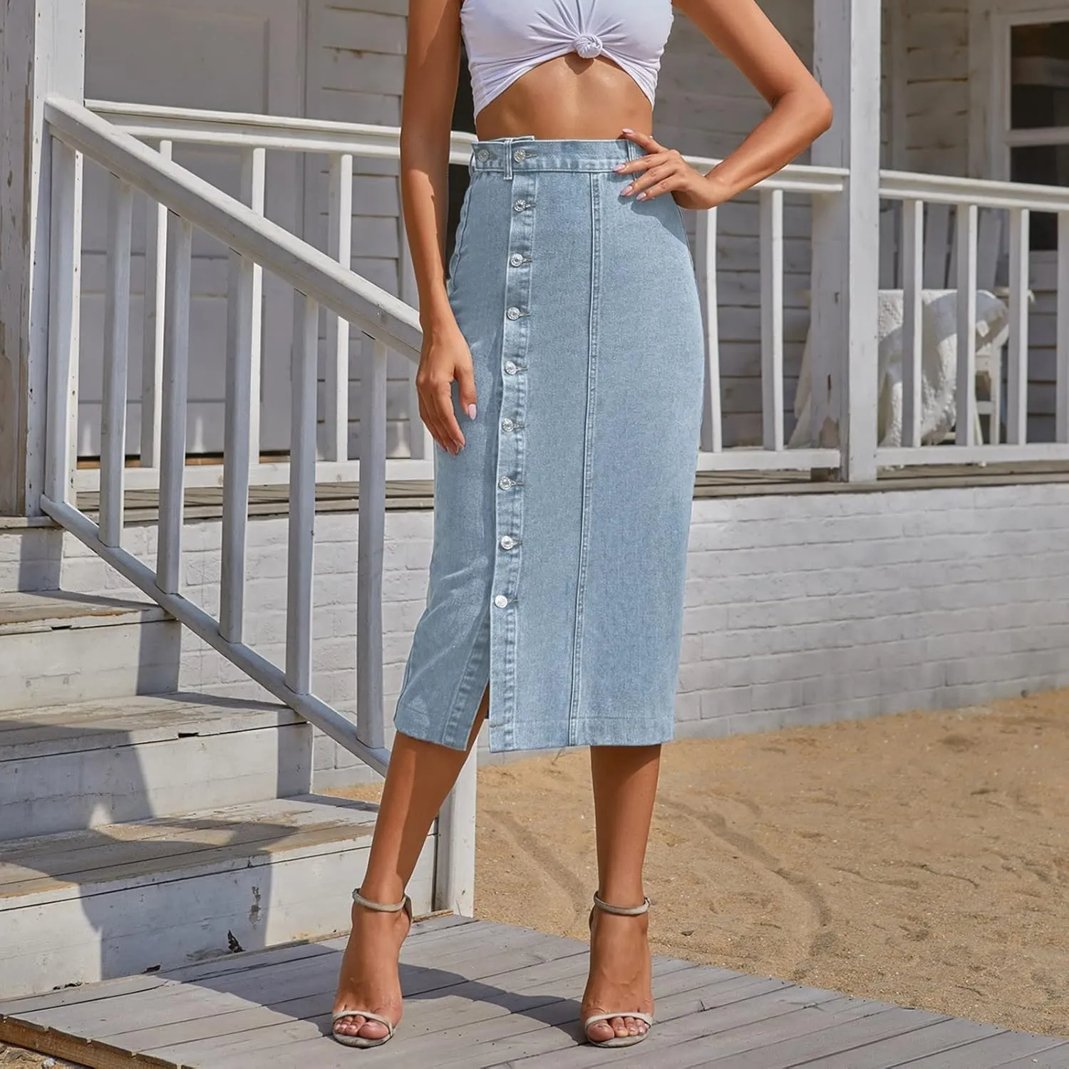 Women's Button Irregular Slit Denim Long Skirt High Waist Casual Pleated Skirts Jean Midi Skirts
