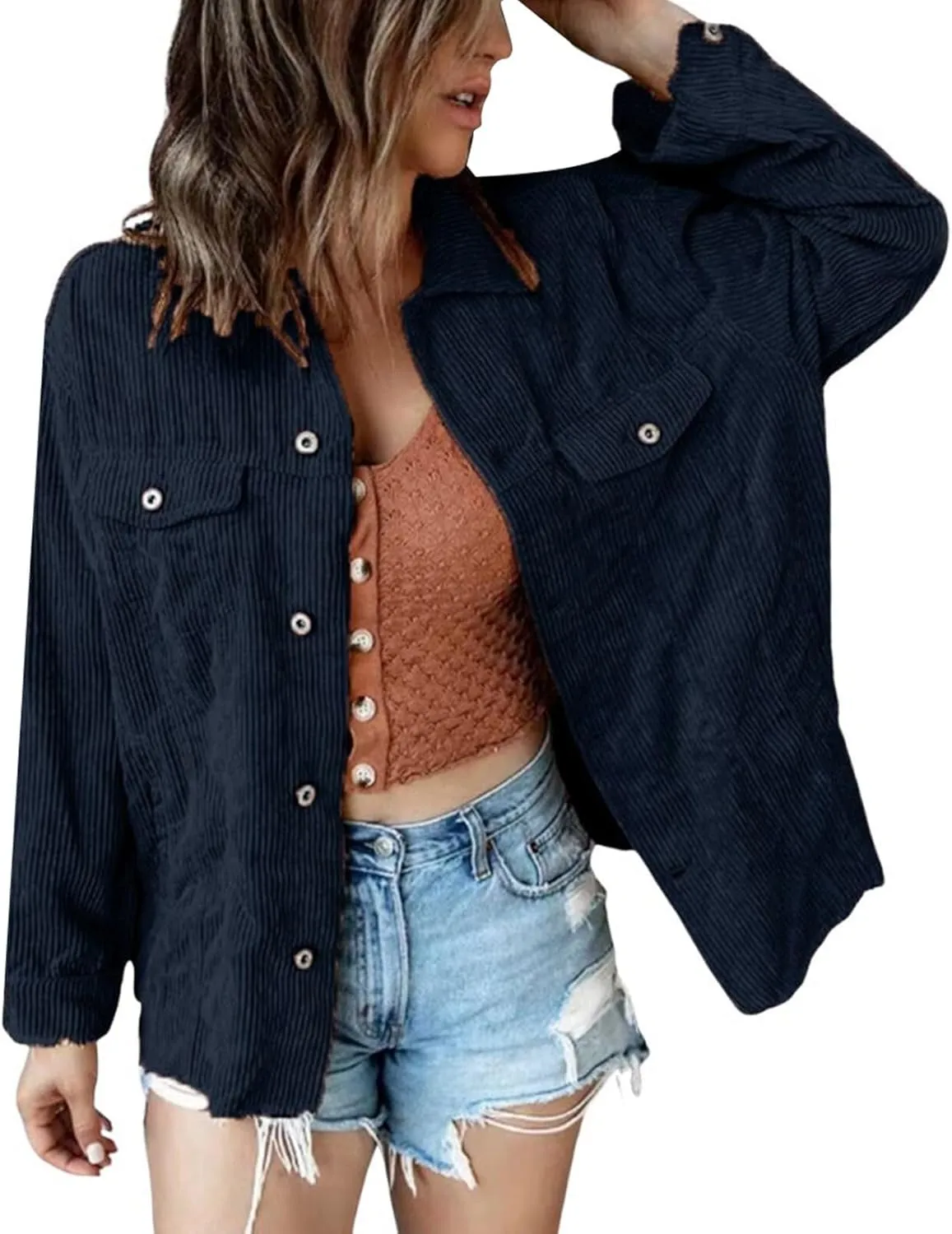 Women's Corduroy Cropped Jacket Winter Fall Lapel Button Down Petite Coats Casual Short Shacket Jackets With Pockets
