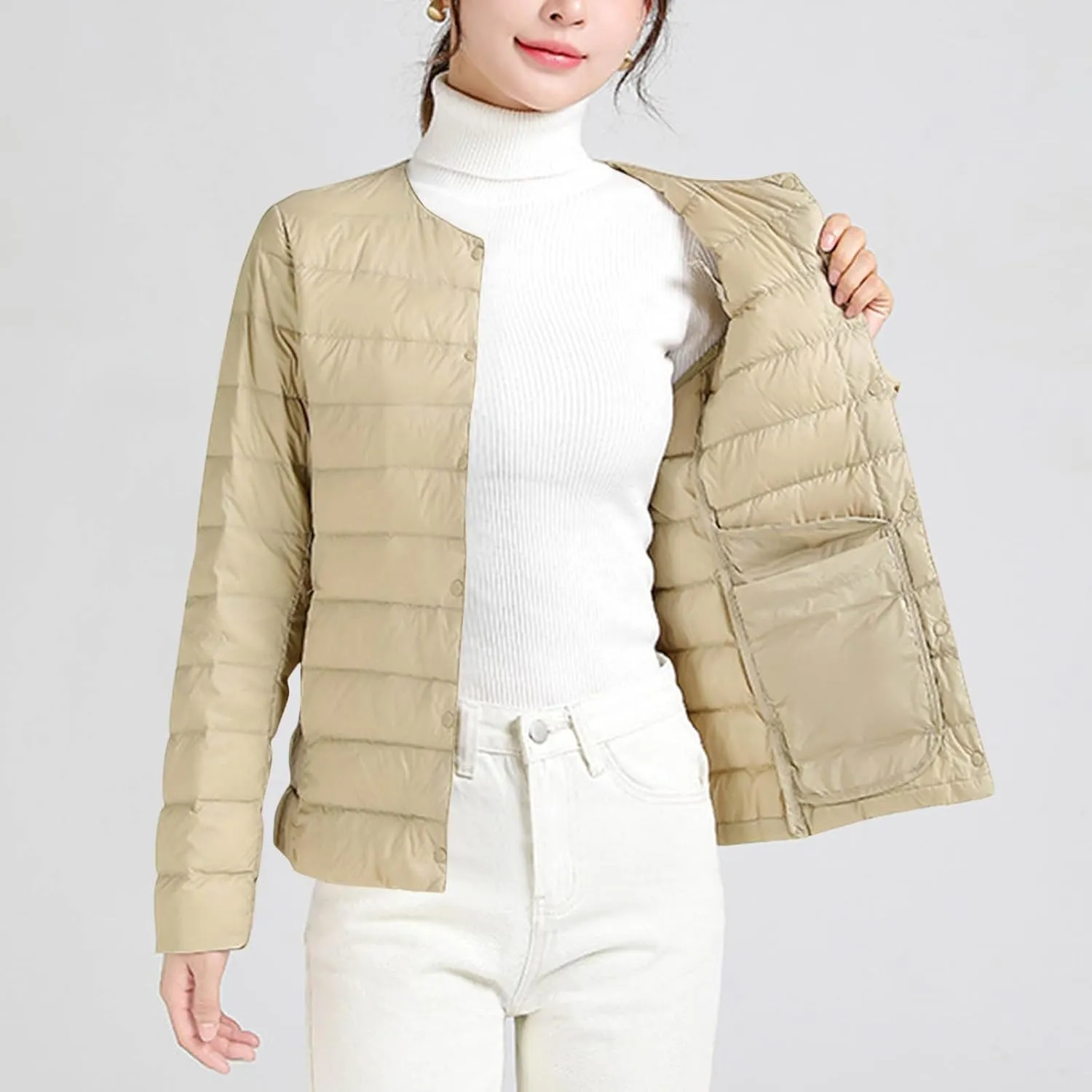 Women's Cotton Jacket Winter Warm Snow Coat Fashion Solid Color Long Sleeves Button Lightweight Down Jackets