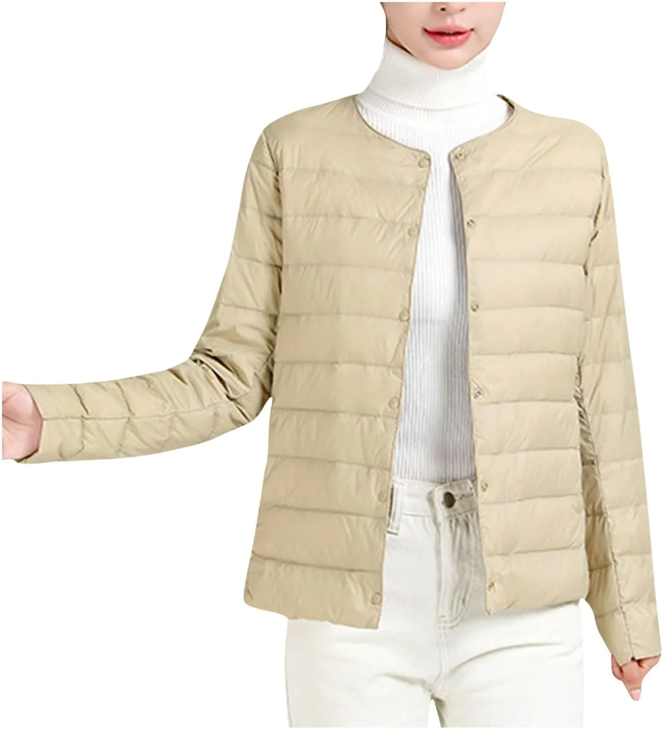 Women's Cotton Jacket Winter Warm Snow Coat Fashion Solid Color Long Sleeves Button Lightweight Down Jackets