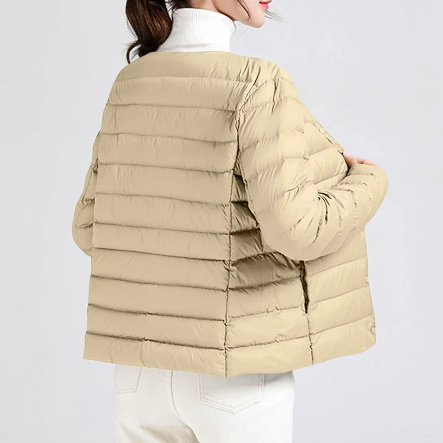 Women's Cotton Jacket Winter Warm Snow Coat Fashion Solid Color Long Sleeves Button Lightweight Down Jackets