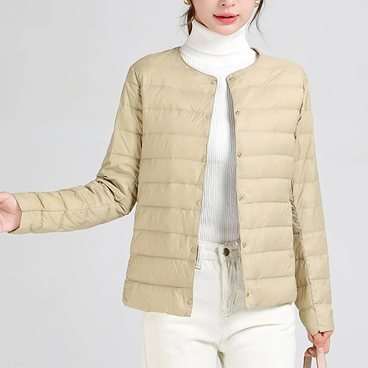 Women's Cotton Jacket Winter Warm Snow Coat Fashion Solid Color Long Sleeves Button Lightweight Down Jackets