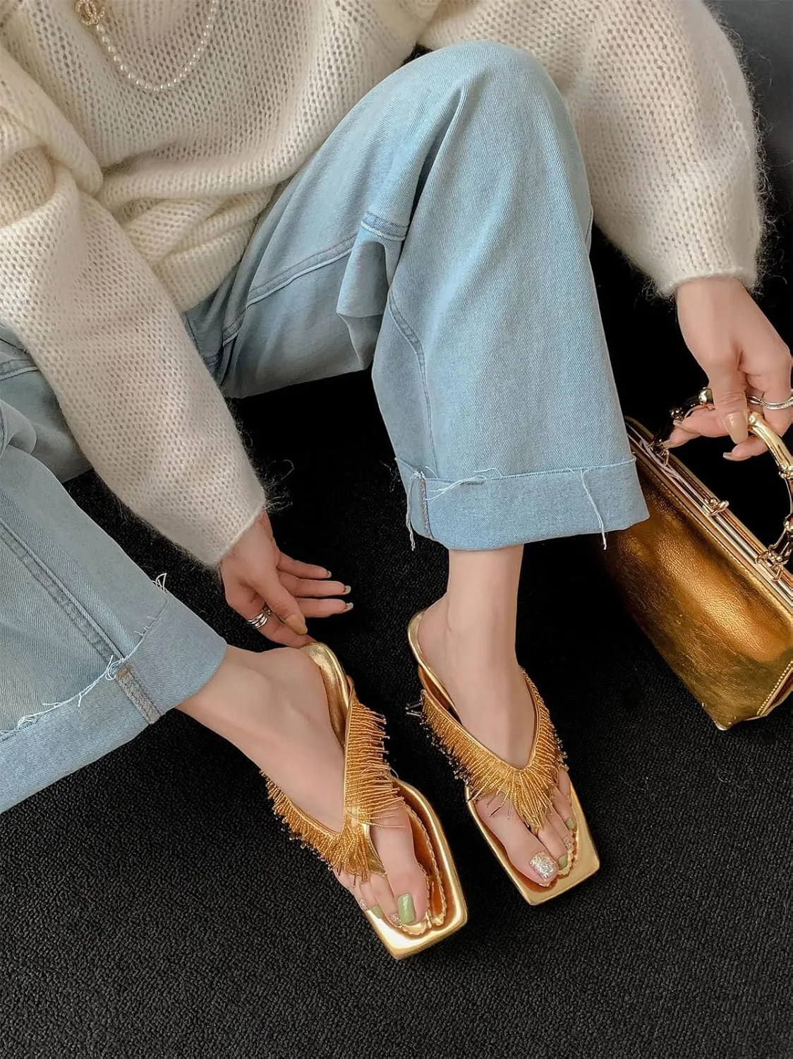 Women's Cow Leather Fringe Mules - Low Heels Slingback, Summer Casual Runway